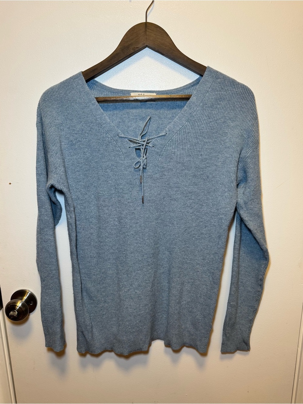 Ribbed Lace-Up V-Neck Long Sleeve Top - Dusty Blue